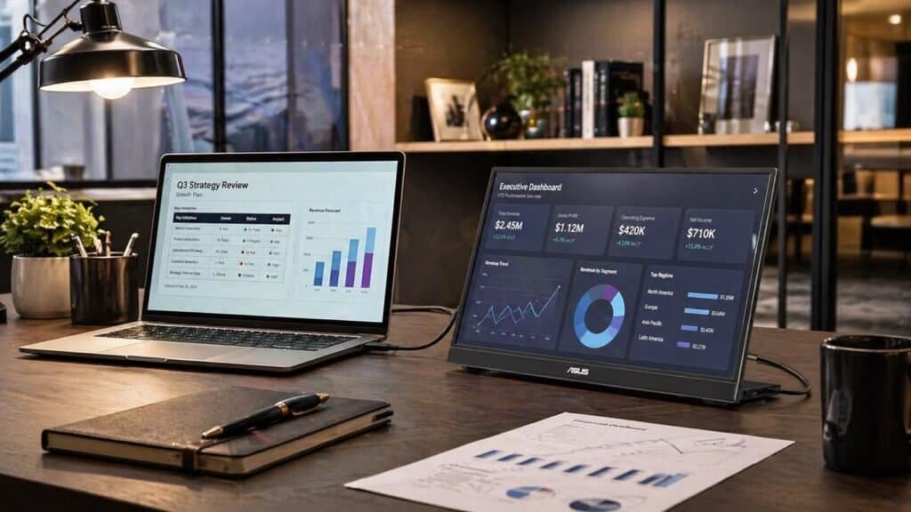 ASUS ZenScreen MB16QHG 16-inch portable monitor with L-shaped kickstand propped open next to a laptop on a desk