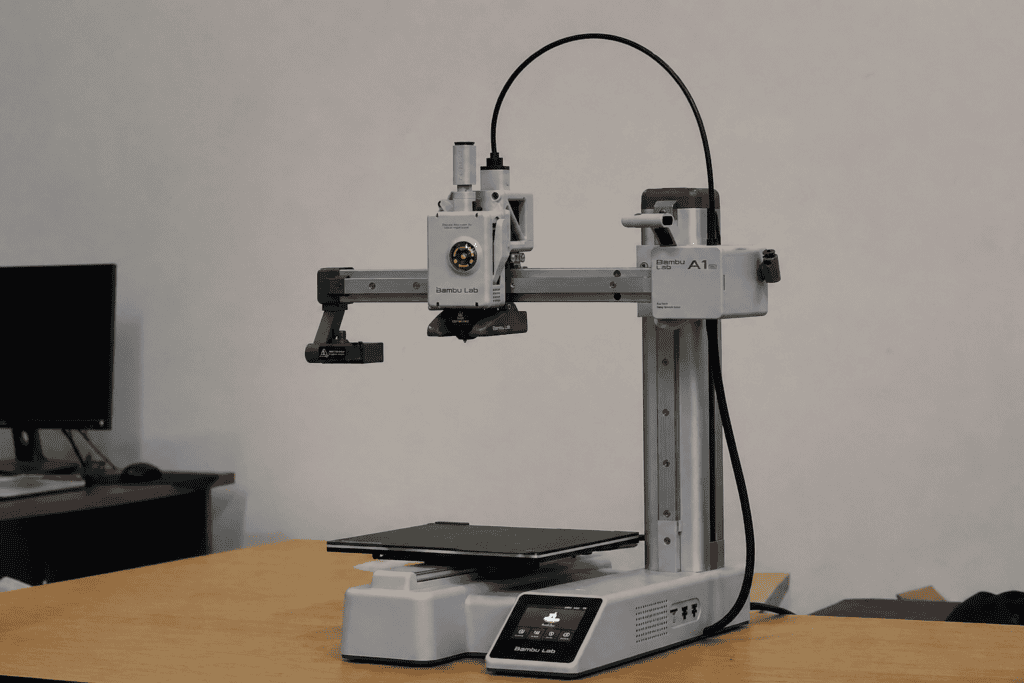 Bambu Lab A1 Mini 3D printer creating a detailed miniature figure on the build plate