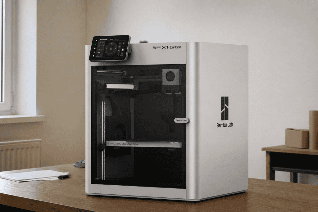 Bambu Lab X1 Carbon high-speed 3D printer with enclosure and smart touchscreen in home office