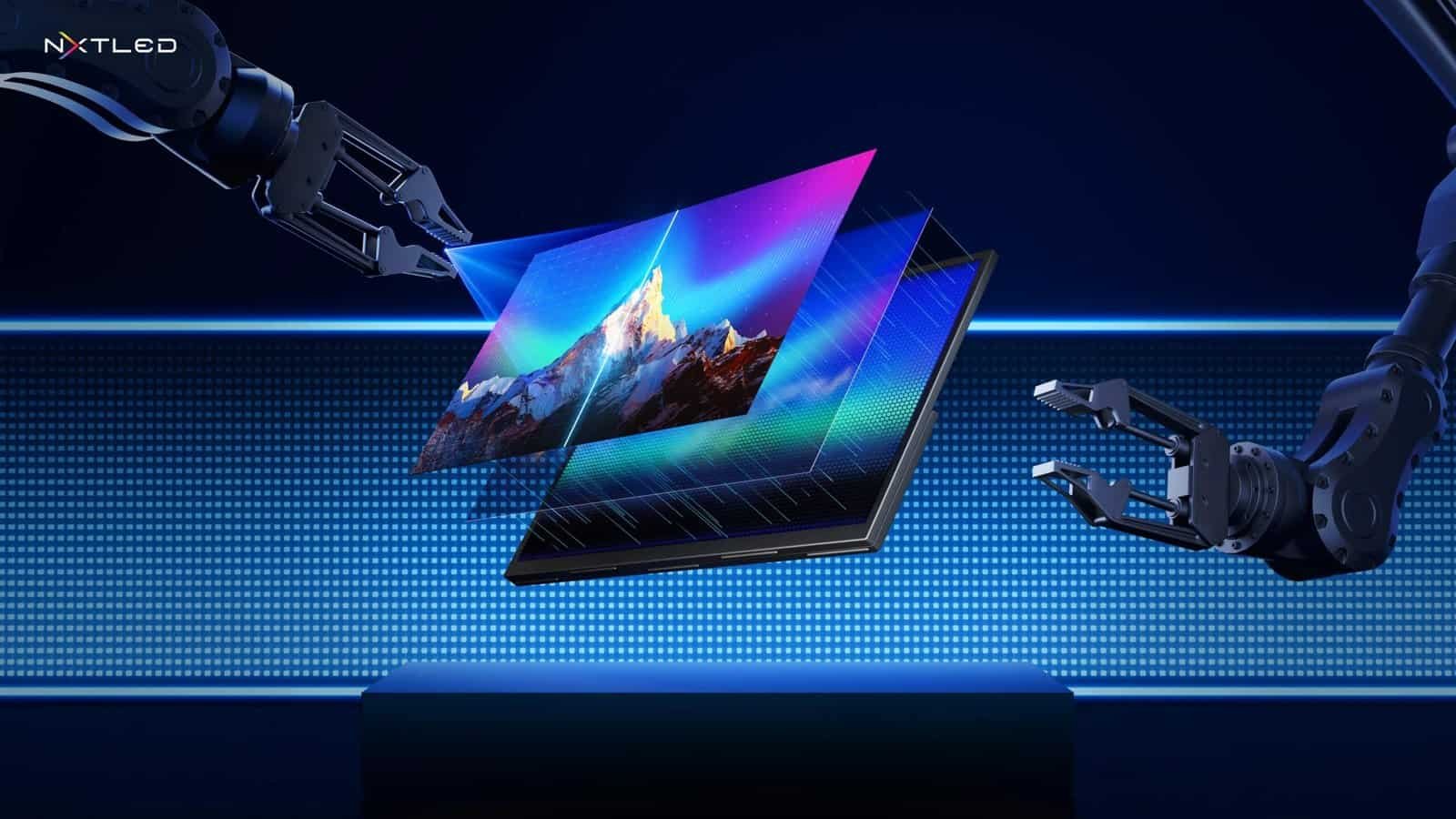 UPERFECT portable monitor shown with vibrant layered display technology and futuristic robotic arms