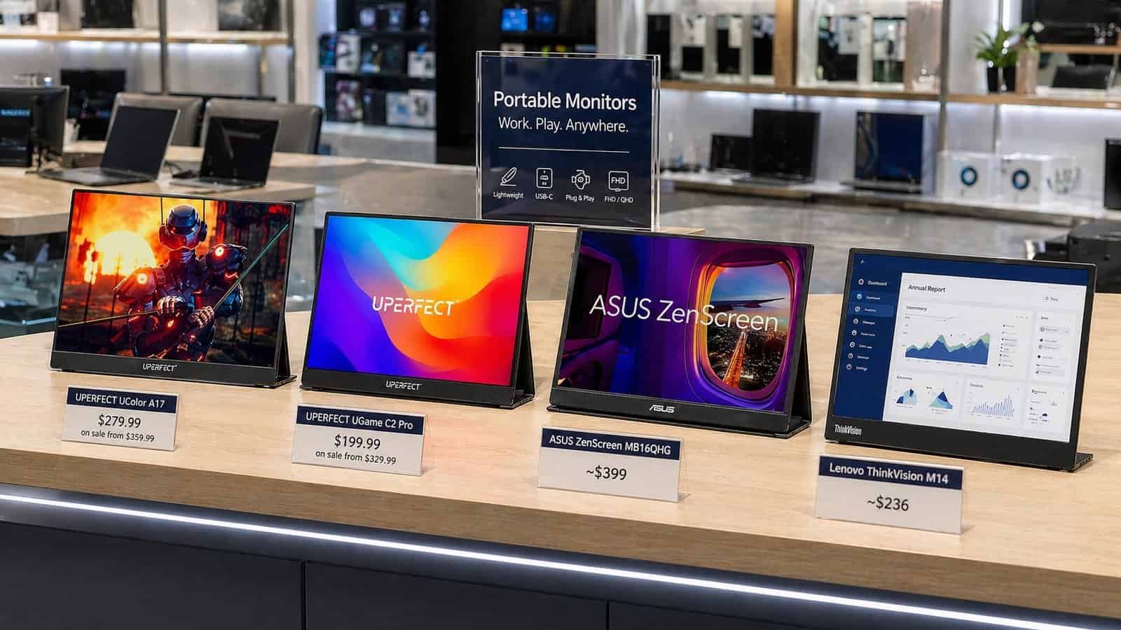 Portable monitors displayed on a retail counter with price tags, including UPERFECT, ASUS ZenScreen, and Lenovo ThinkVision models