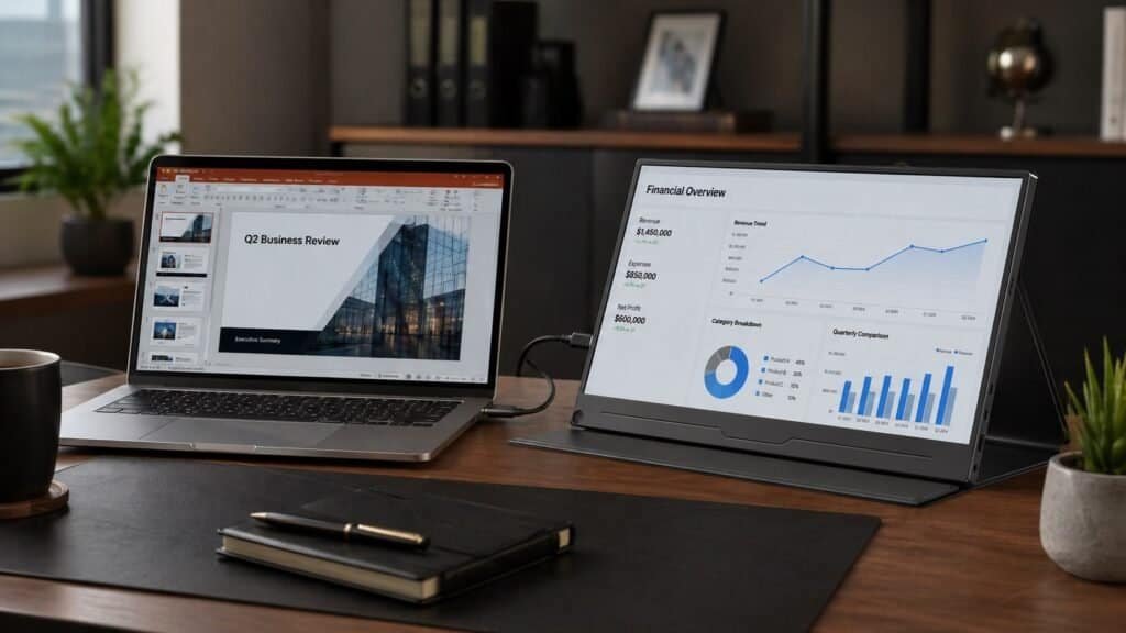 UPERFECT UColor A17 portable monitor used as second screen in a cafe remote work setup