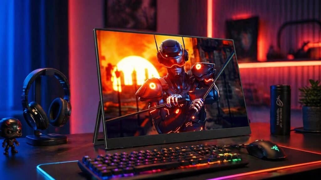 UPERFECT UGame C2 Pro 16-inch gaming monitor connected to a gaming laptop