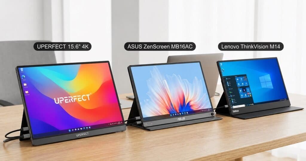 Side by side comparison of UPERFECT ASUS ZenScreen and Lenovo ThinkVision portable monitors