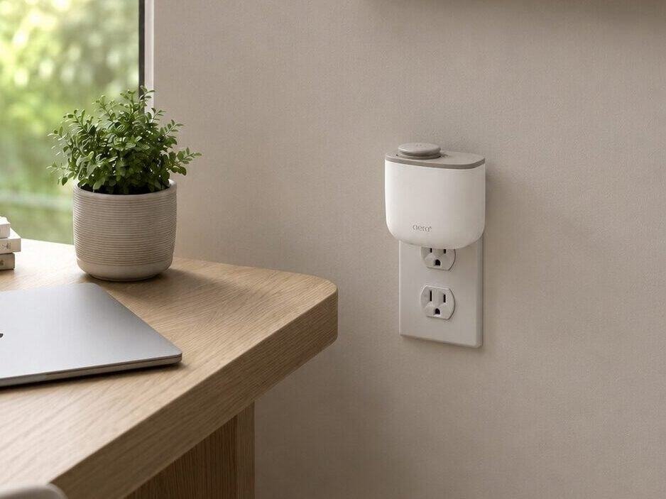 Aera Mini diffuser plugged into a wall outlet in a clean home office with warm ambient lighting