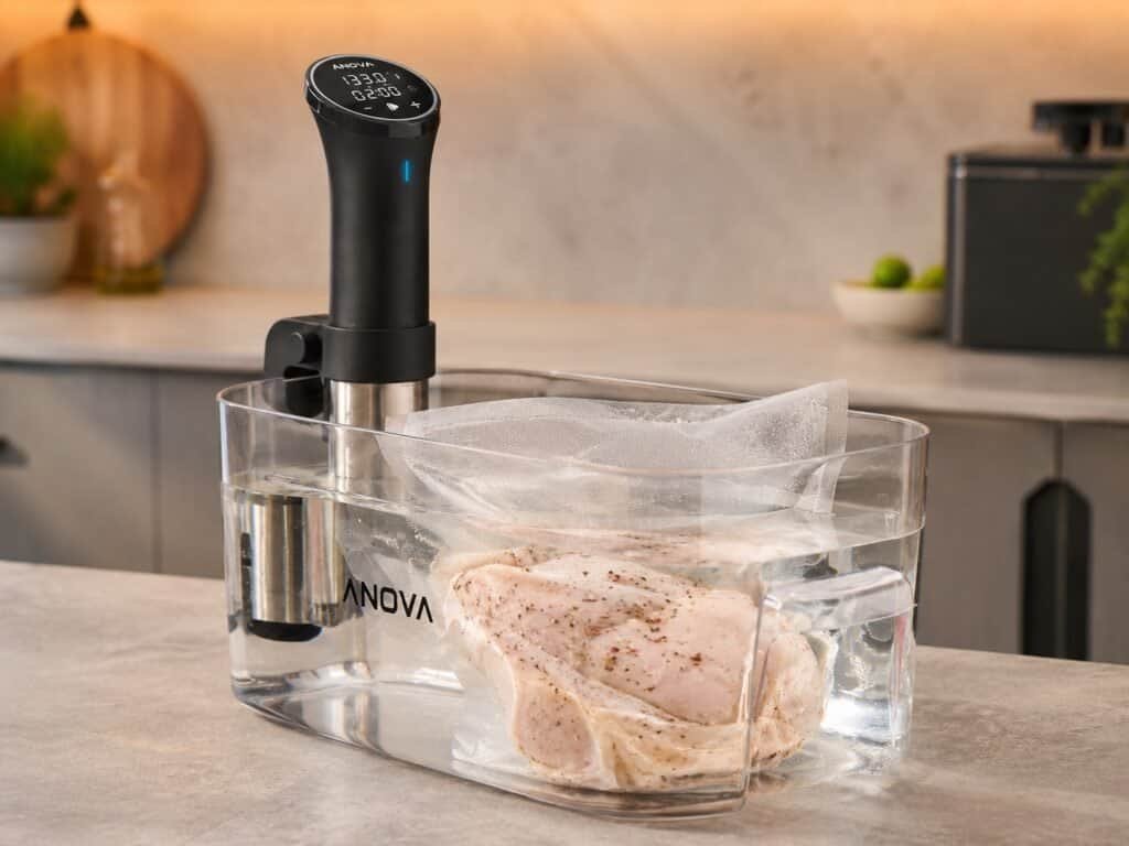 Anova Precision Cooker 3.0 clipped to a pot with a vacuum-sealed steak in a water bath on a kitchen counter