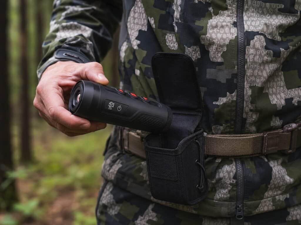 A hunter in camouflage pulls the ATN BlazeSeeker 6 210 night vision monocular from an open belt pouch in a forest.