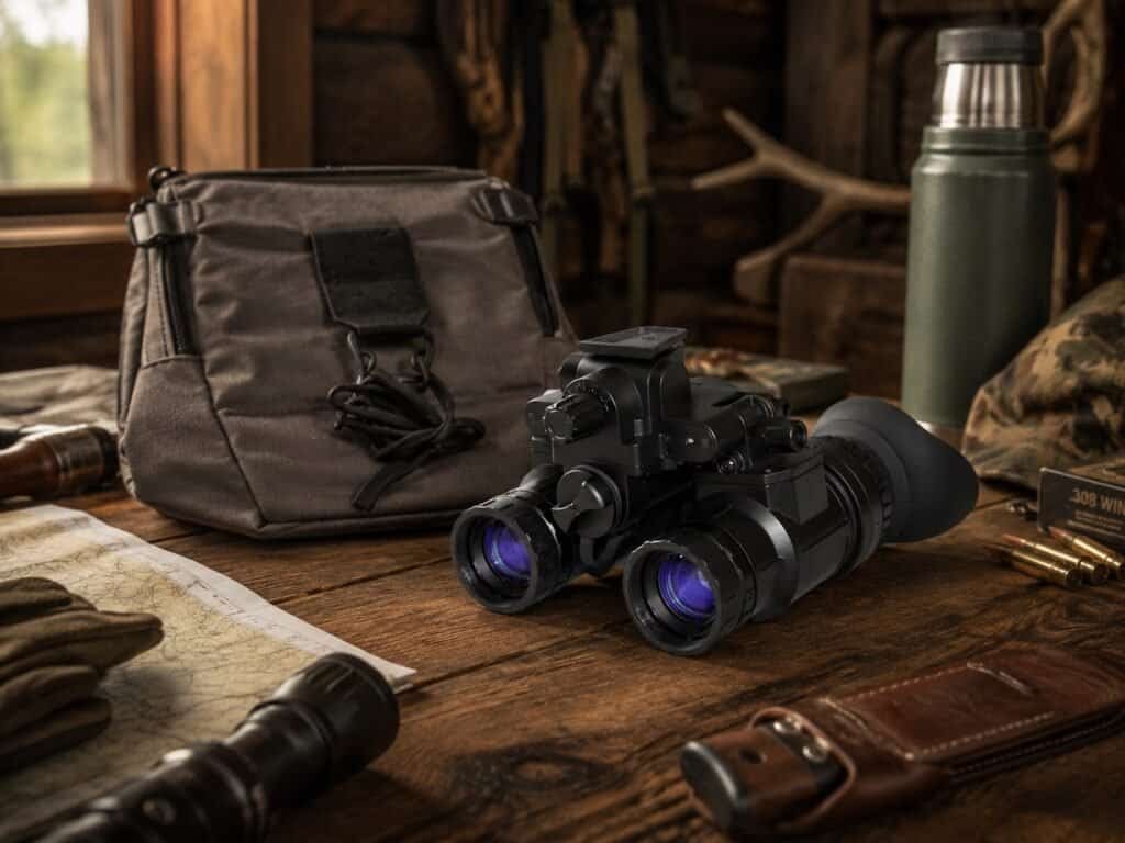 Night vision goggles and their soft carrying case rest on a wooden table in a rustic hunting cabin, surrounded by outdoor gear and warm natural light.