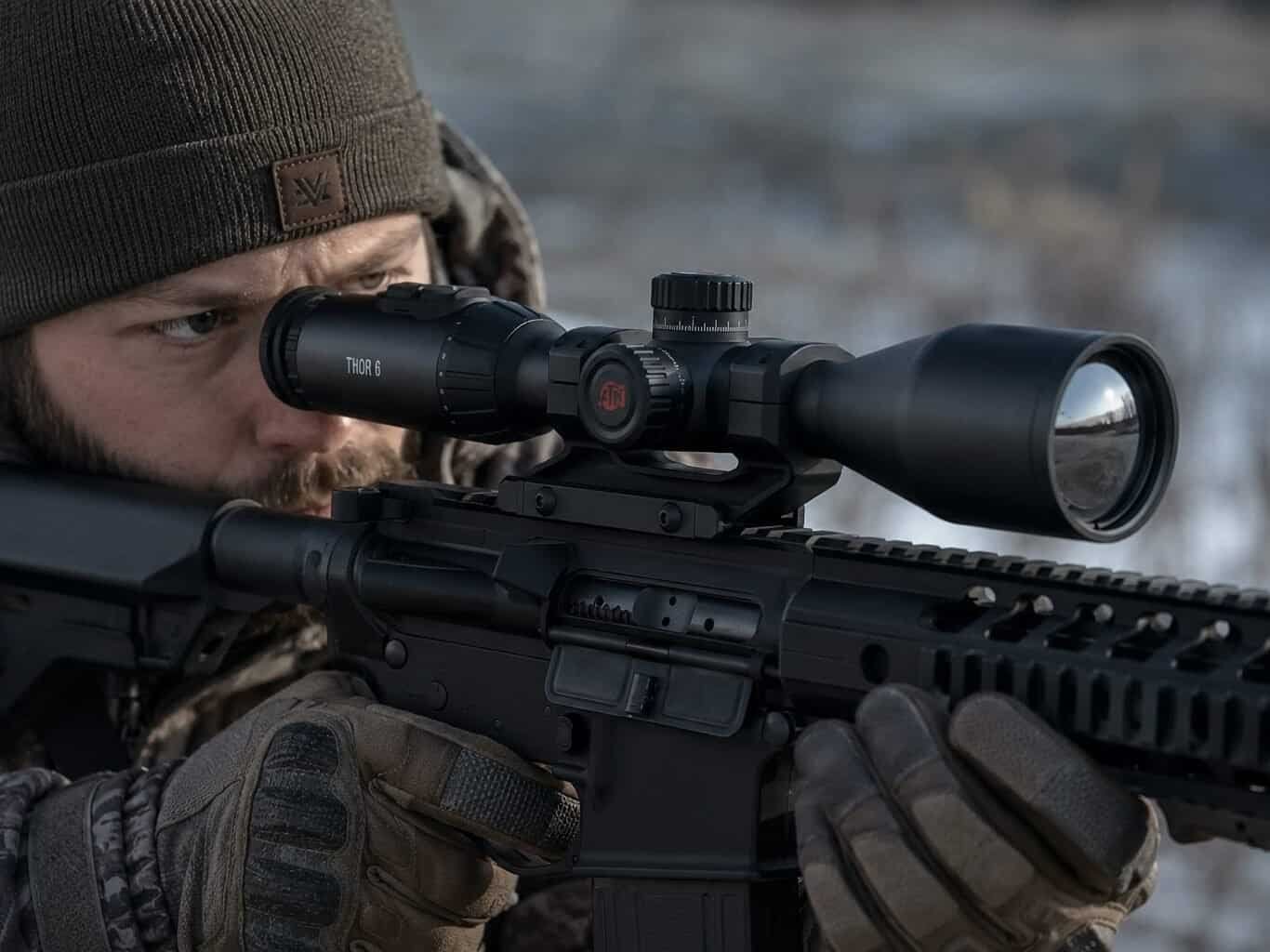 ATN ThOR 6 thermal scope mounted on rifle in field hunting environment