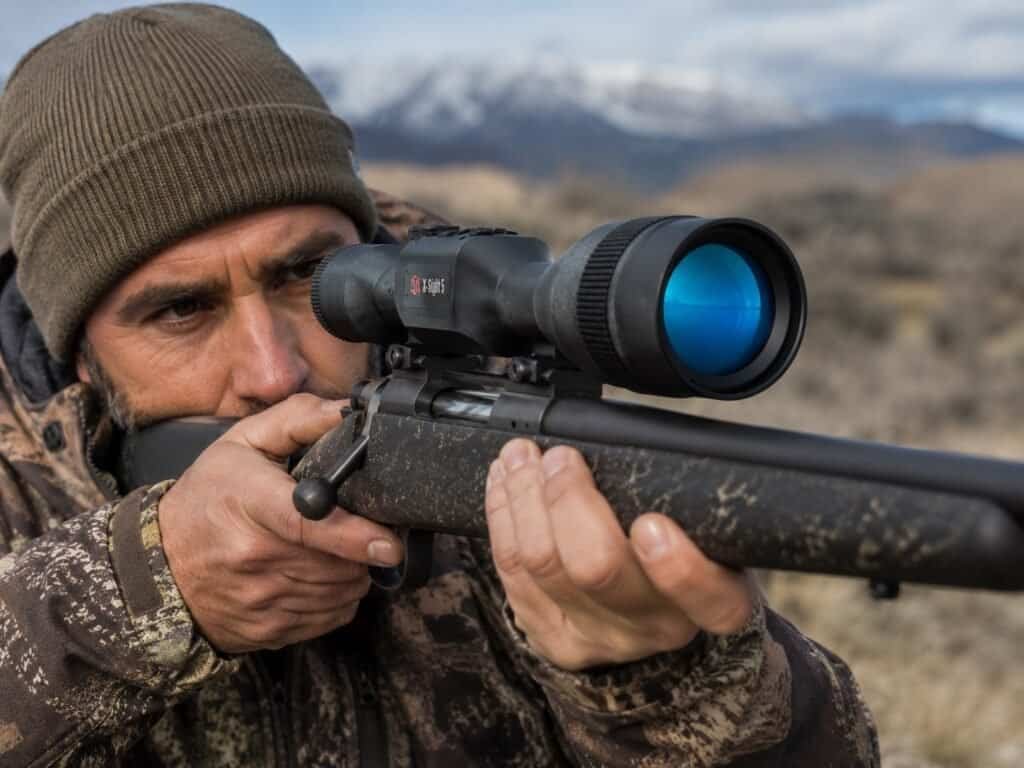 ATN X-Sight 5 smart day and night vision scope with digital display on hunting rifle