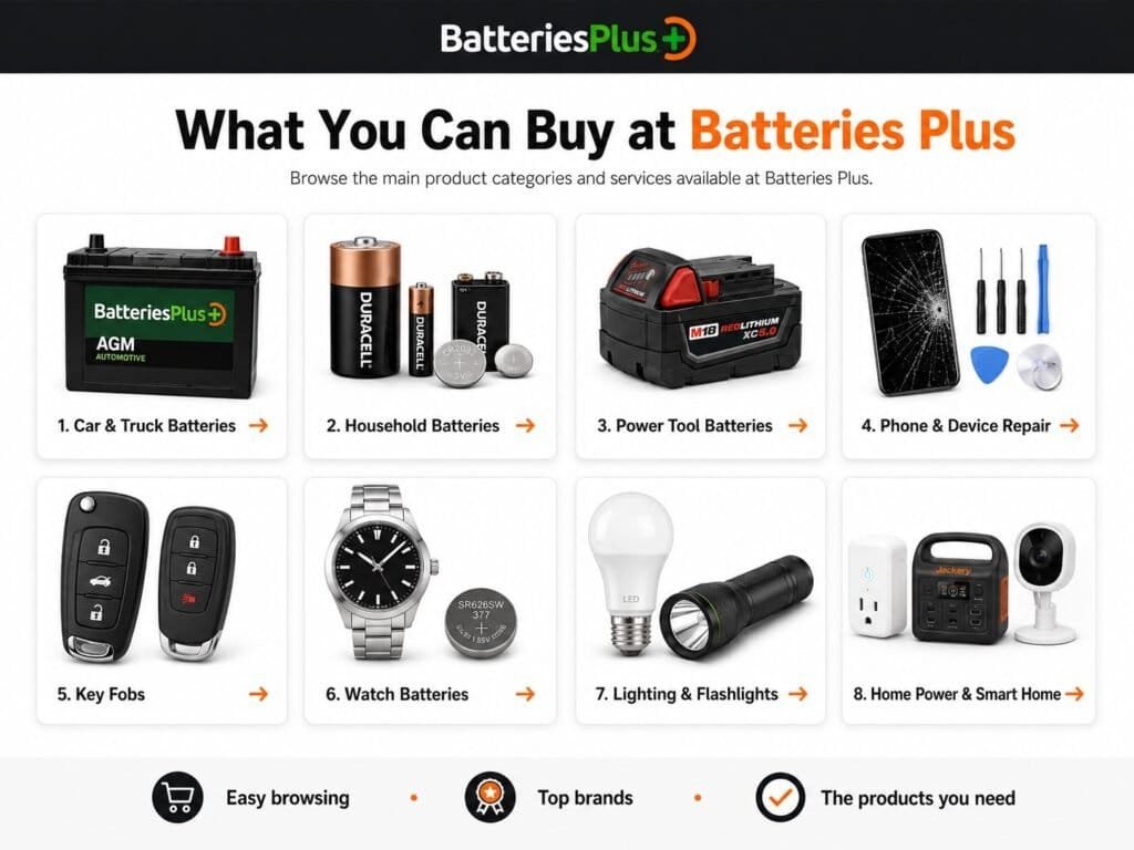 Batteries Plus product category overview collage showing batteries, phone repair station, X2Power portable power station, key fob programming service, and lighting section