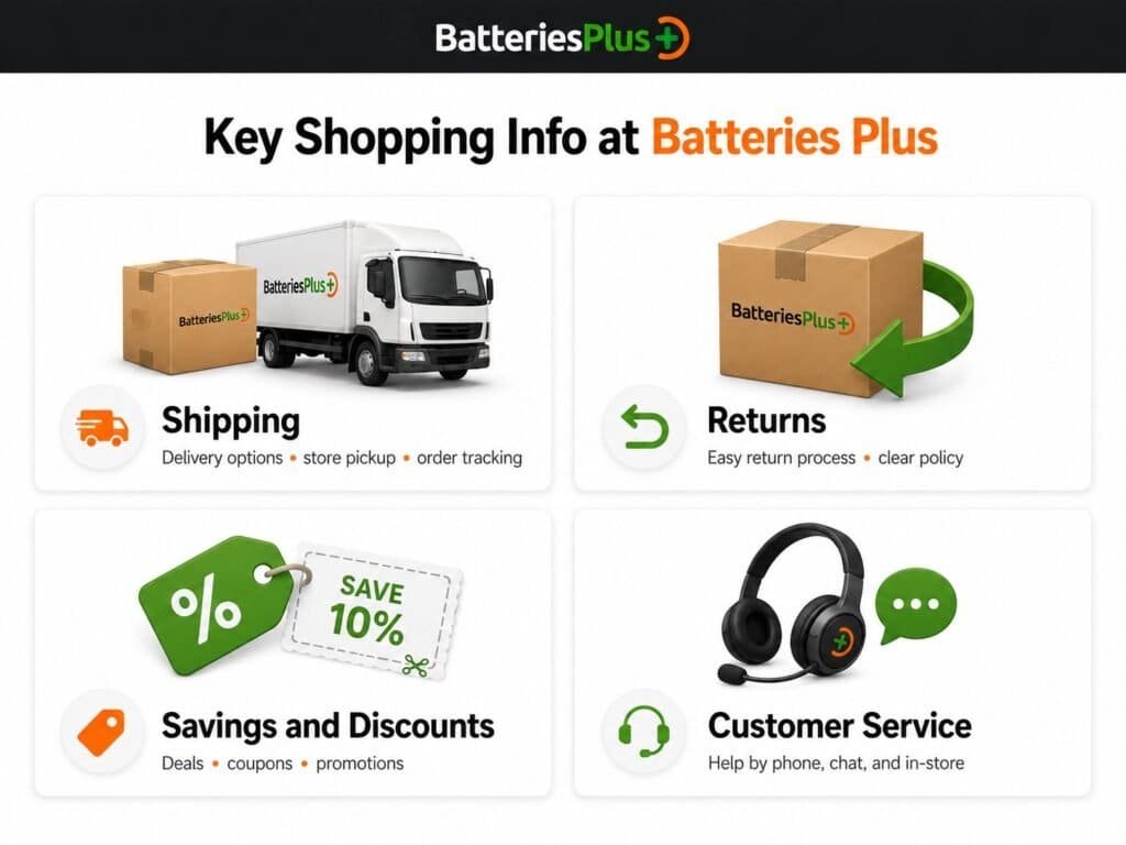 Batteries Plus shopping info graphic showing shipping, returns, savings and discounts, and customer service options