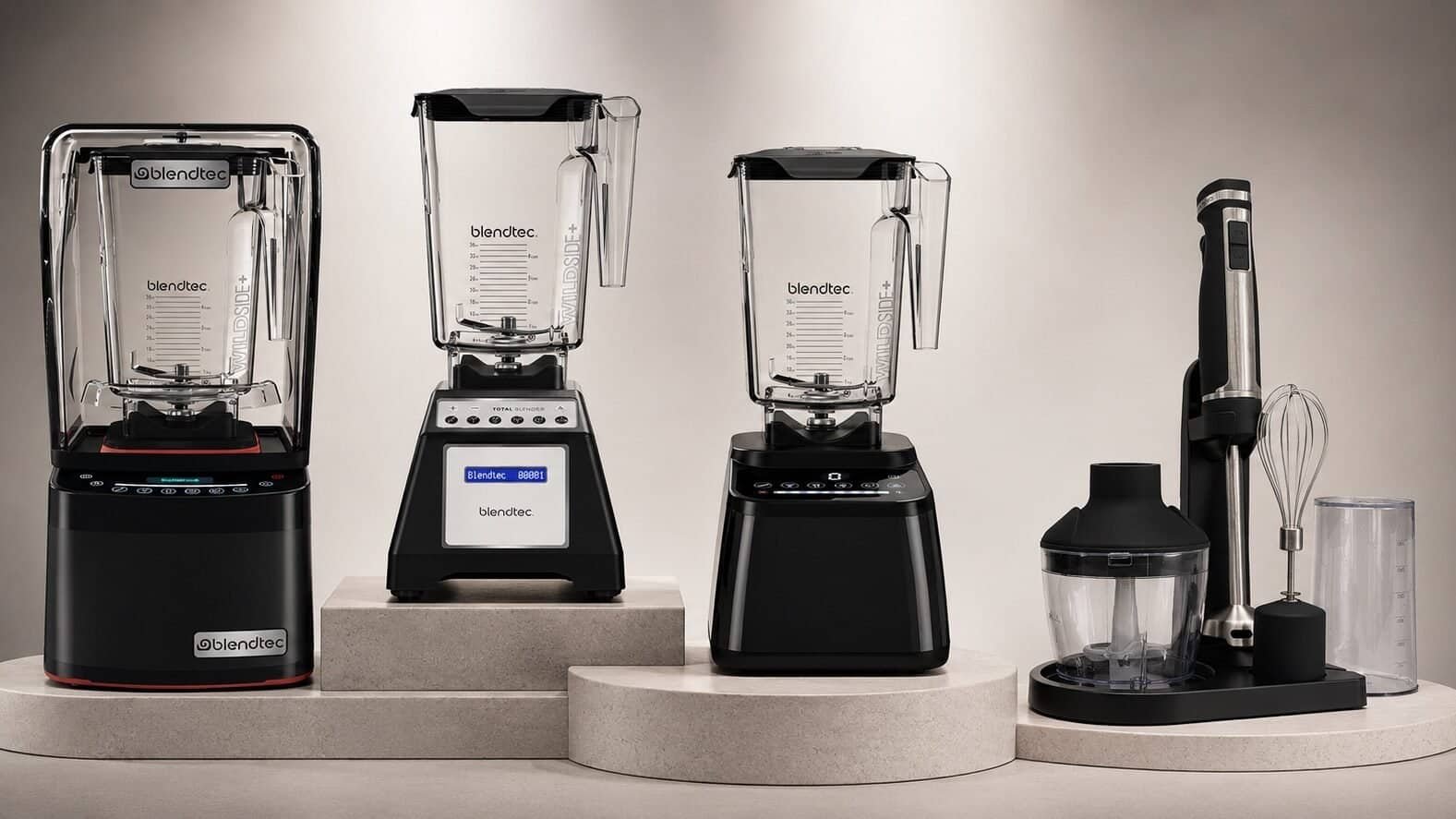 Blendtec review – Total Classic, Designer 650, Professional 800, and Immersion Blender on a kitchen counter