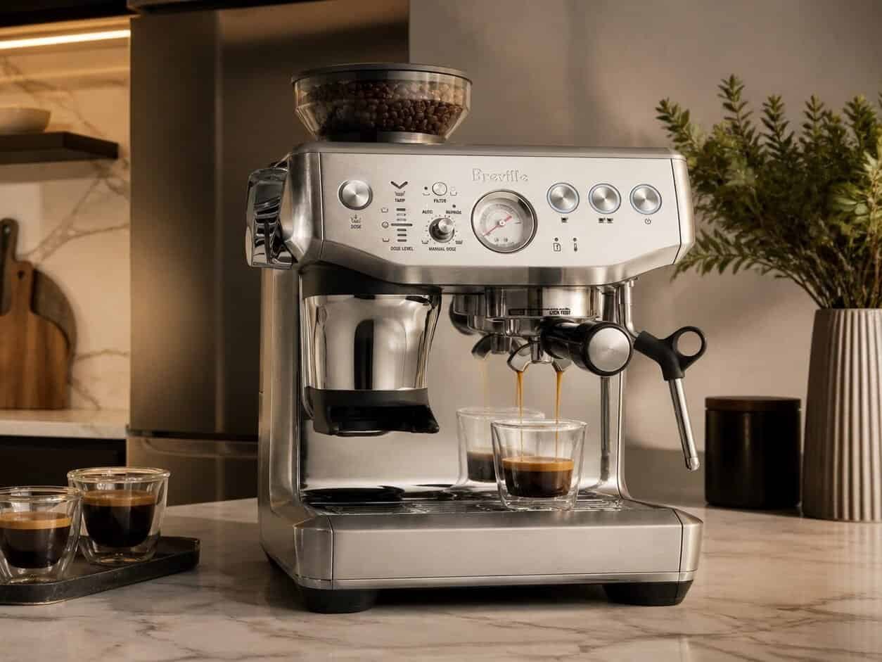 Breville Barista Express Impress with built-in grinder pulling espresso into a small cup