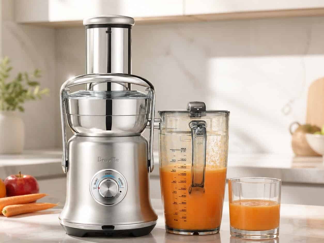 Breville Juice Fountain Cold XL juicing fresh vegetables and fruit with a full glass of juice beside it