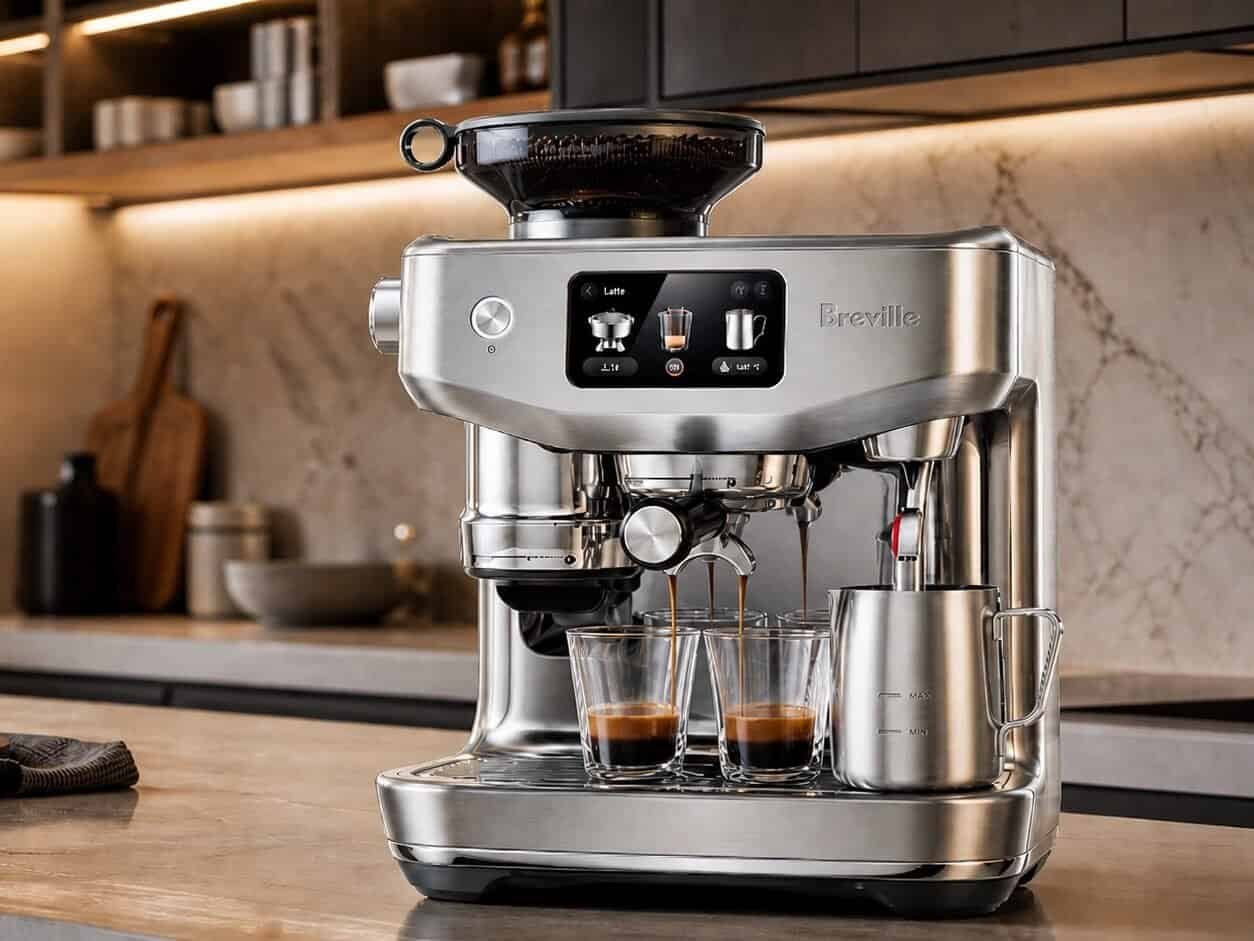 Breville Oracle Jet espresso machine in brushed stainless steel on a marble kitchen counter