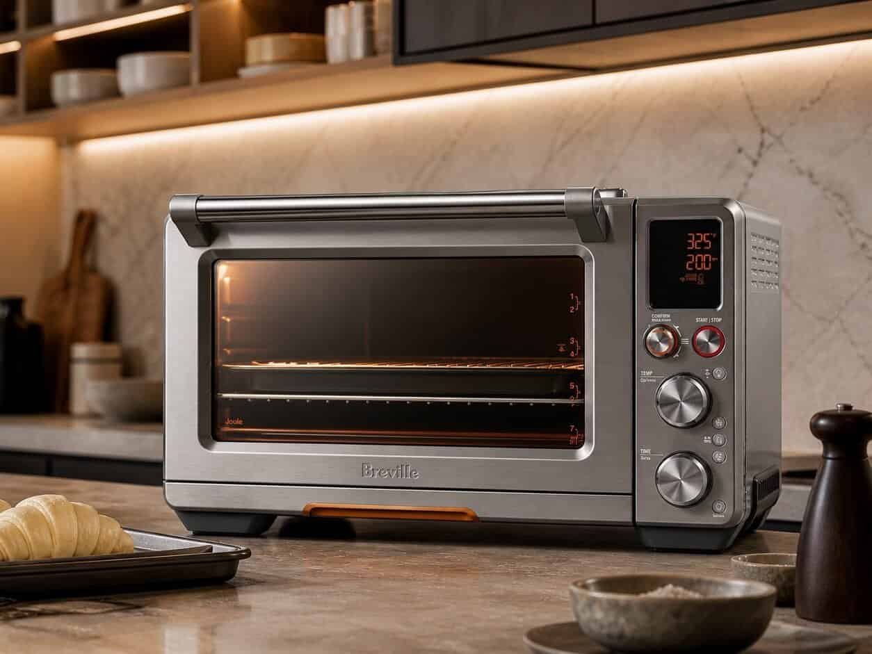 Breville countertop oven in a modern kitchen with a tray of raw croissants beside it