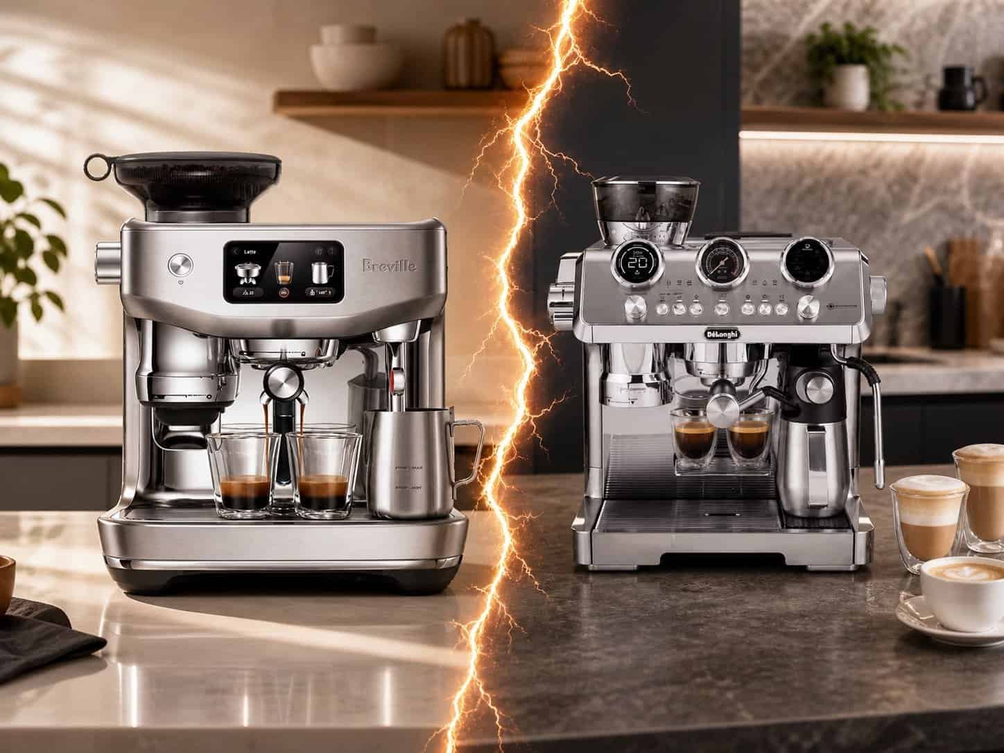 Breville and De’Longhi espresso machines face off in stylish kitchens, split by a dramatic lightning bolt, with both brewing coffee into glass cups.