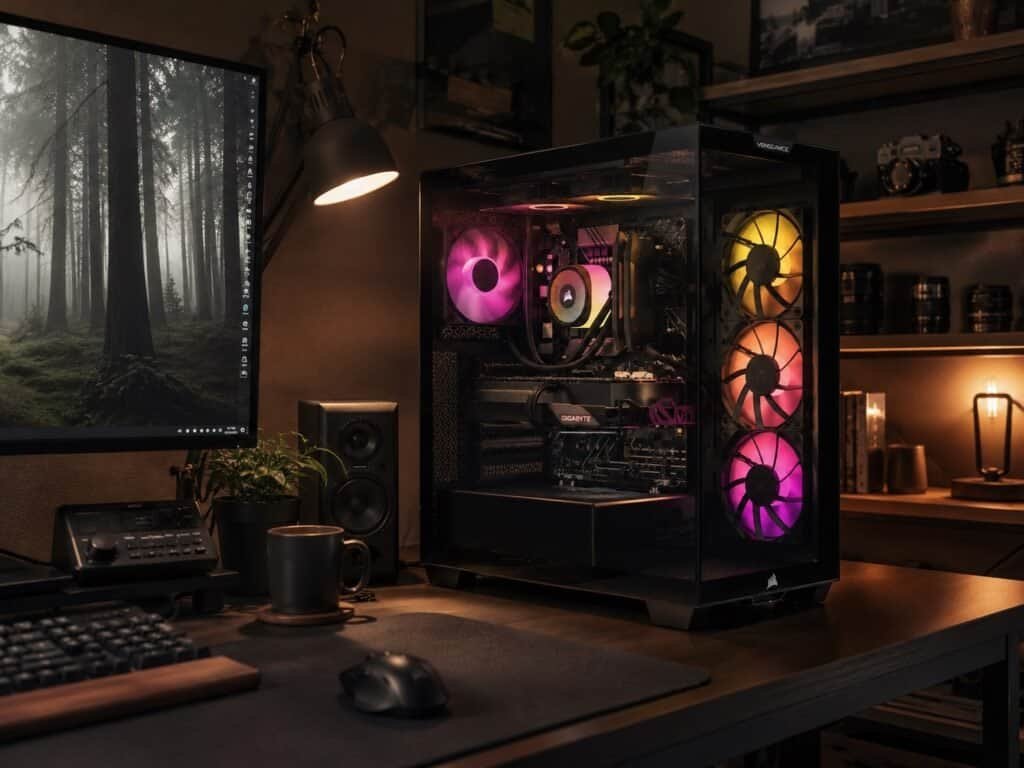 Corsair Vengeance a7500 gaming desktop showing wraparound glass 3500X case with ARGB liquid cooling and Corsair components visible inside