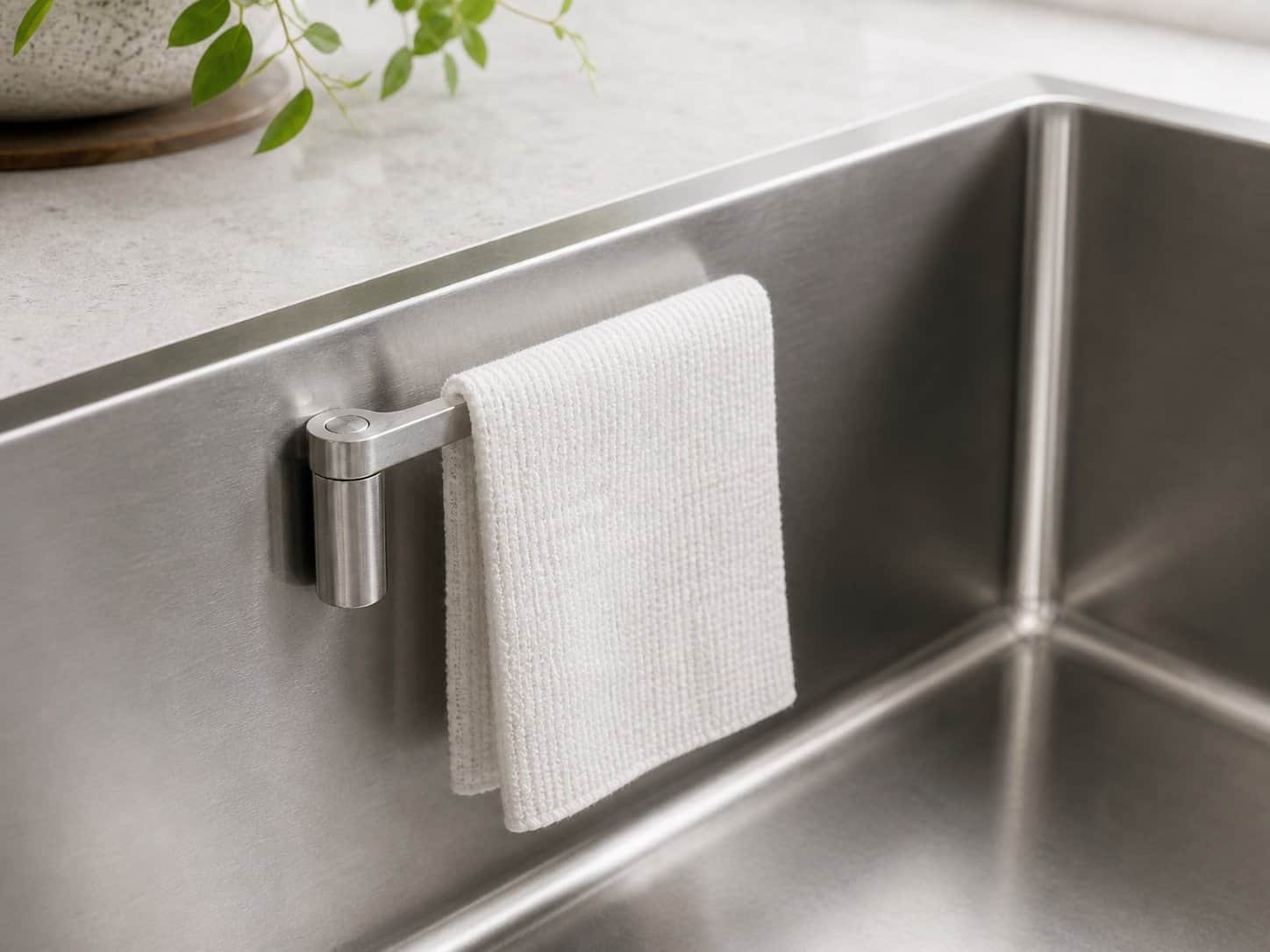 Happy Sinks magnetic dishcloth holder in stainless steel mounted on the inside wall of a kitchen sink