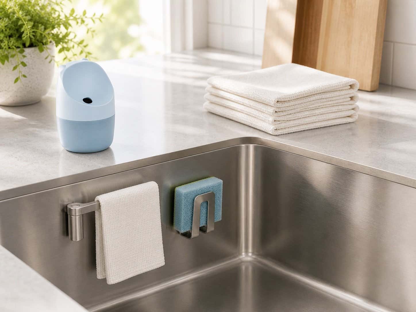 Happy Sinks kitchen sink organizer products including dishcloth holder, sponge holder, and KONNA fruit fly trap arranged on a kitchen counter