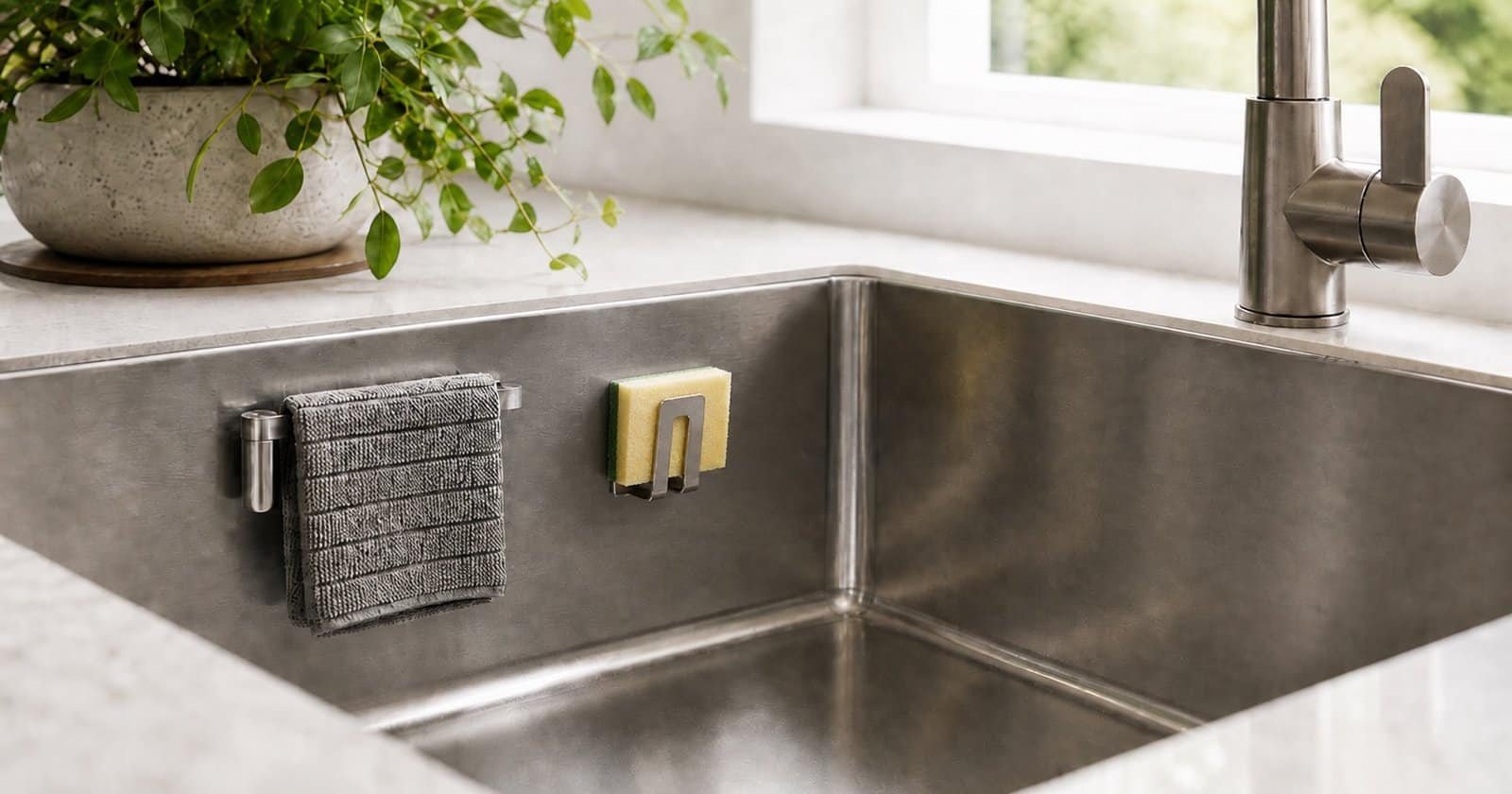 Happy Sinks magnetic dishcloth holder and sponge holder mounted inside a stainless steel sink