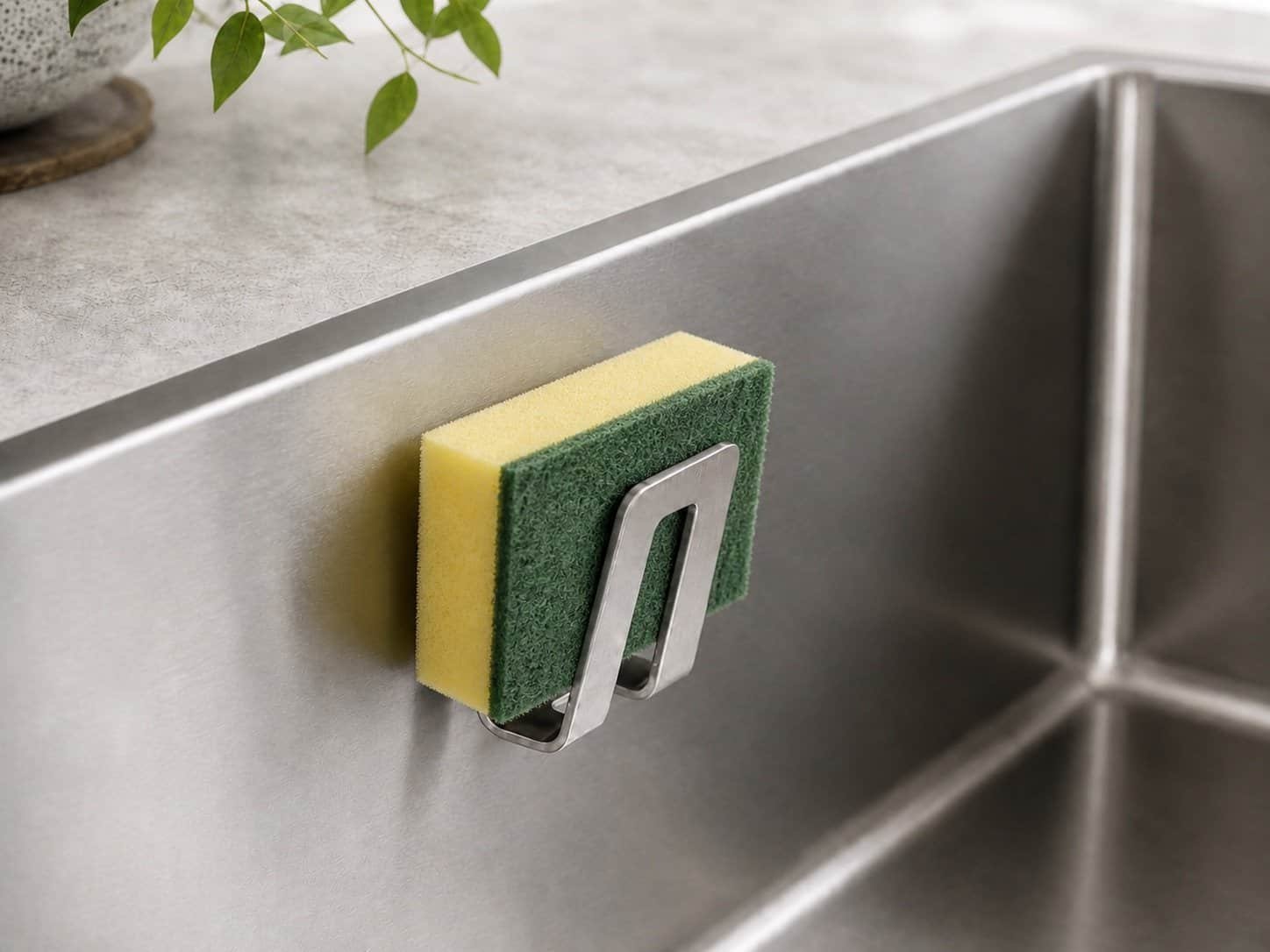 Happy Sinks stainless steel magnetic sponge holder attached to the inside wall of a kitchen sink with a sponge inside