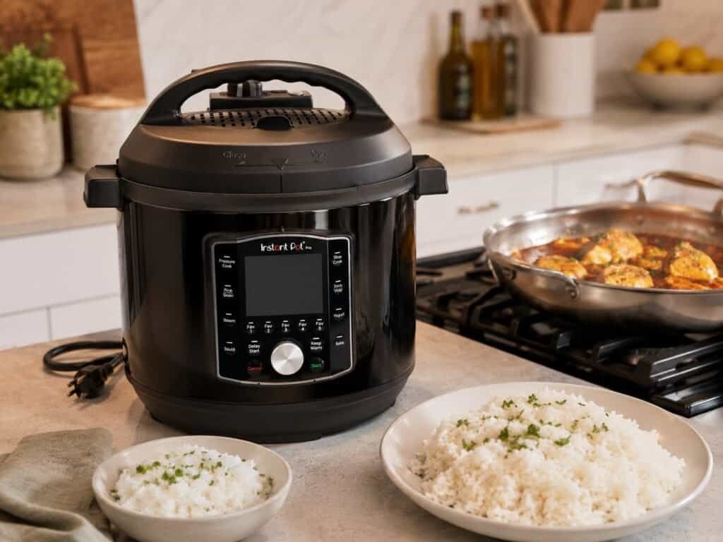 Instant Pot Pro 6QT multi-use pressure cooker on a kitchen counter showing digital display and stainless steel exterior