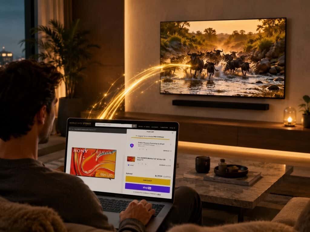 A man shopping for a Sony BRAVIA TV on his laptop, with glowing golden light trails connecting the purchase to a wall-mounted TV showing a vivid wildlife scene in a cozy modern living room.