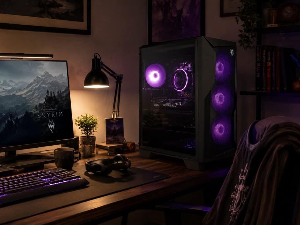 MSI Codex Z2 gaming desktop with RTX 5070 showing smoked glass side panel and RGB fans on a gaming desk