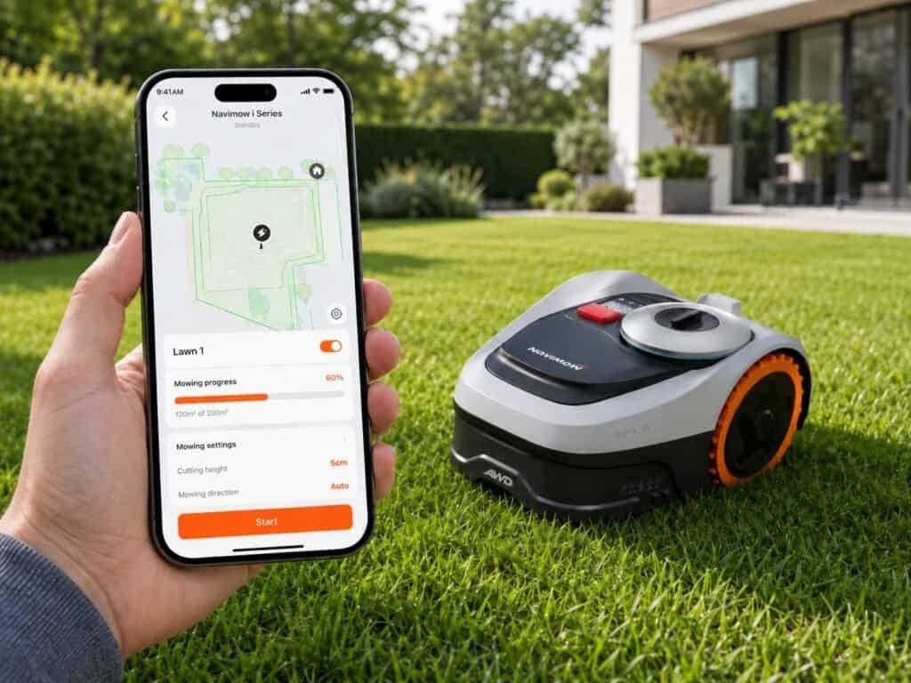 Navimow i Series robot lawn mower next to a smartphone showing the Navimow app lawn mapping screen