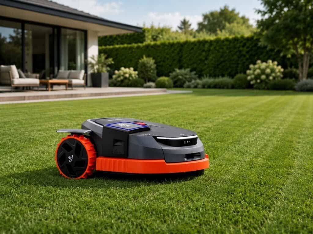 Segway Navimow X3 Series robot lawn mower in orange and grey mowing a large residential lawn