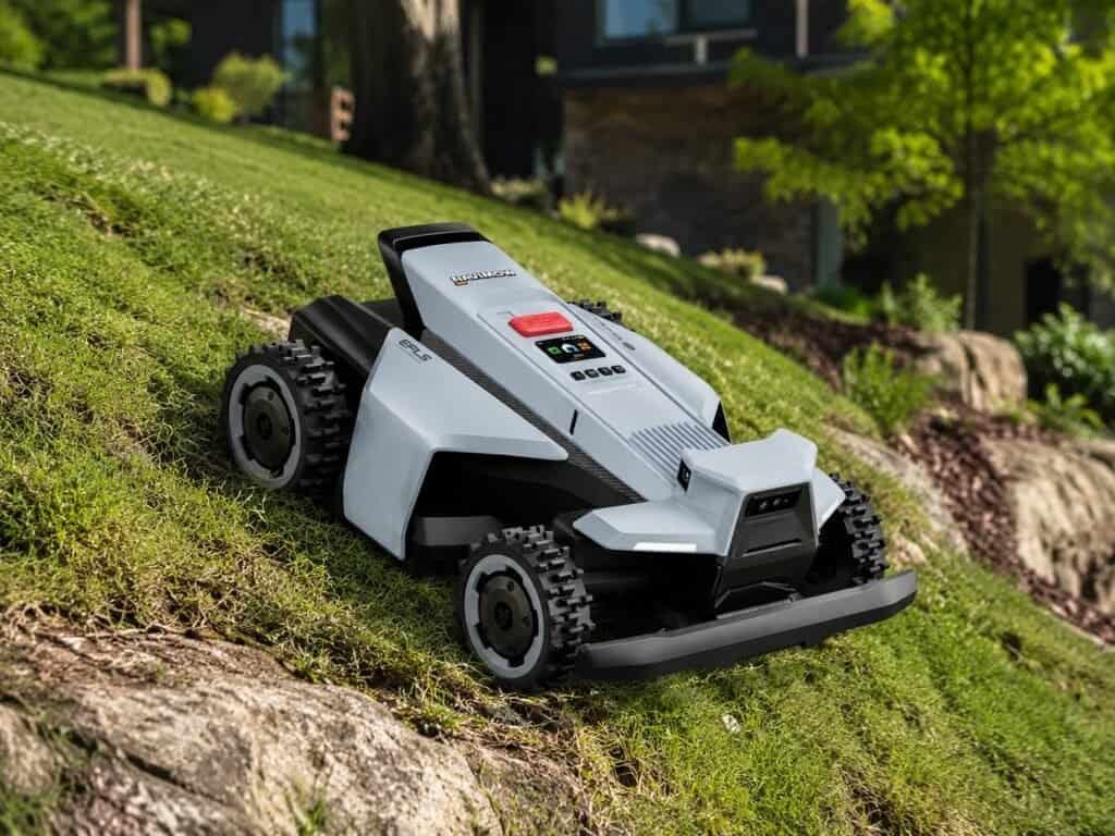 Segway Navimow X4 AWD robot mower mowing a sloped uneven lawn showing all-terrain capability