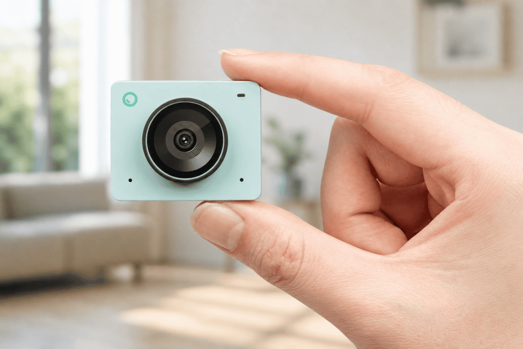 OBSBOT Meet 2 compact 4K webcam held in hand showing portable design