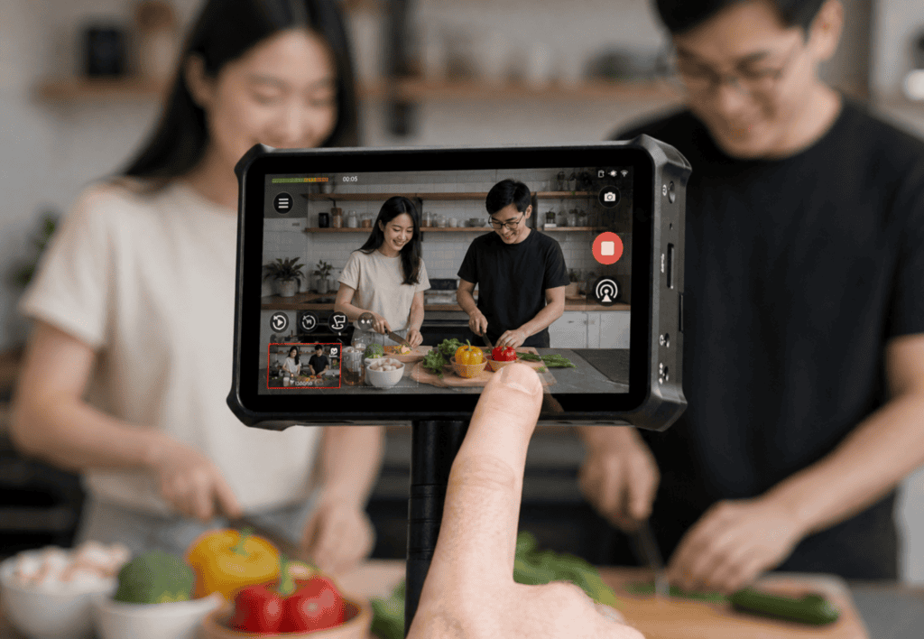OBSBOT Talent portable live streaming production studio recording cooking content with multi-camera controls