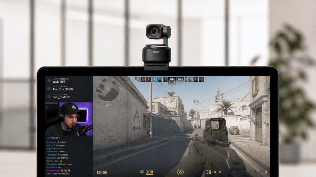 OBSBOT Tiny 2 webcam used for gaming stream with face cam overlay on laptop