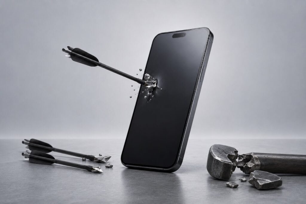 OrigArmor Screen Protector displayed on an iPhone-style smartphone in a minimalist studio scene, with an arrow striking the screen while broken arrows and a shattered hammer lie nearby to emphasize extreme impact resistance.