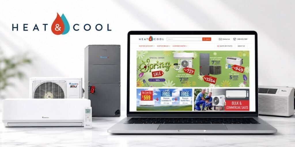 HeatAndCool review – homepage showing ductless mini split systems and HVAC product categories