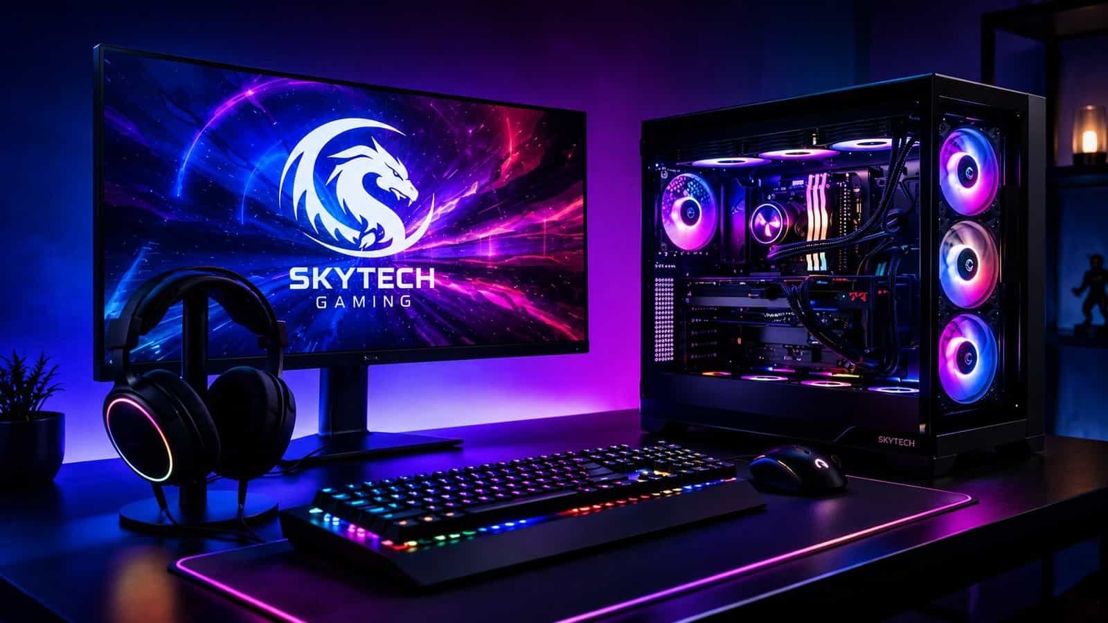 RGB gaming setup with Skytech PC, illuminated fans, monitor, keyboard, mouse, and headset on desk