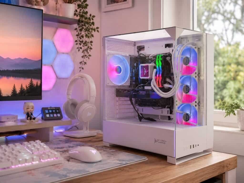 Skytech Archangel 5 gaming desktop in white with RTX 5060 Ti showing ARGB fans and tempered glass panel