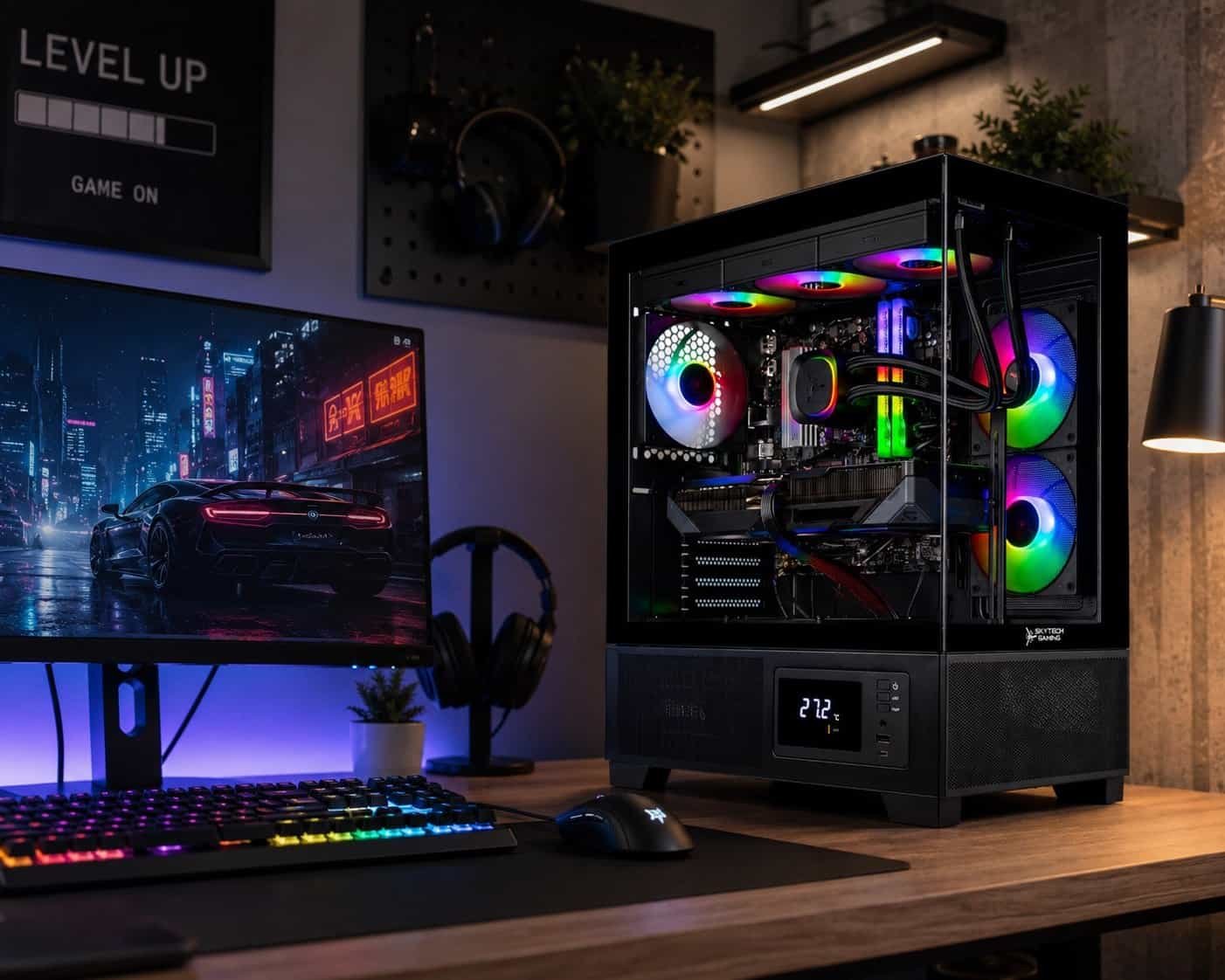 Skytech Azure 3 Plus gaming PC with RGB lighting on a modern desk setup in a dark gaming room, with a monitor, keyboard, mouse, and upgrade-focused decor.