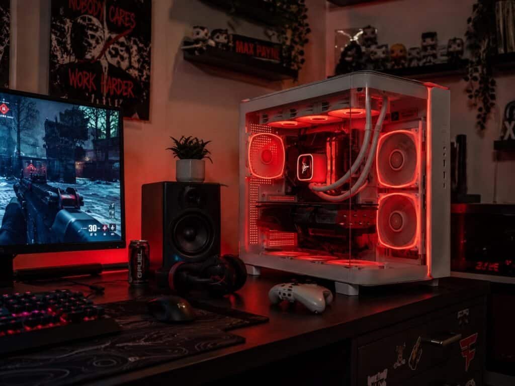 Skytech King 95 flagship gaming desktop in white with Ryzen 7 9800X3D and RTX 5070 Ti showing King 95 case with ARGB lighting