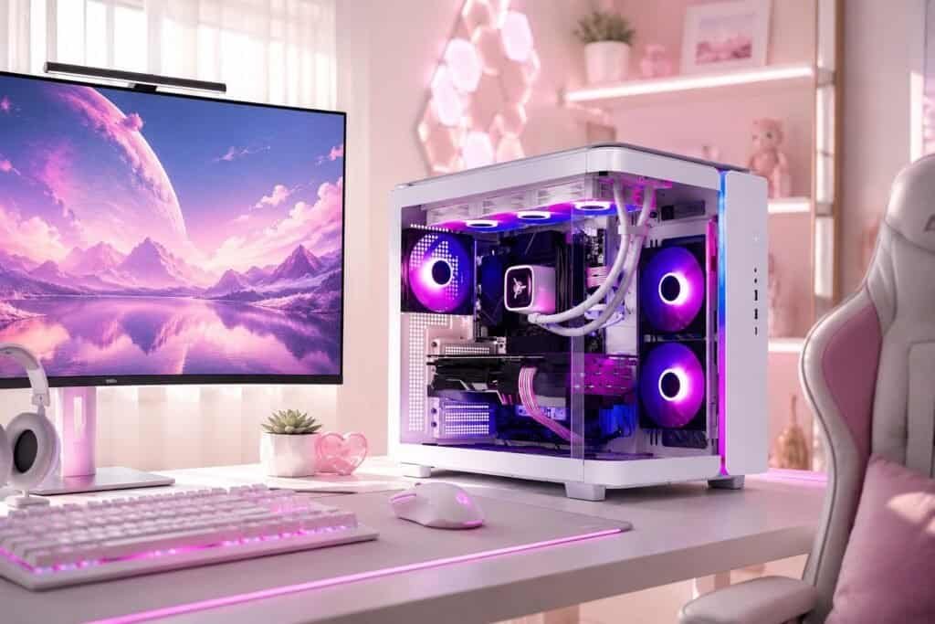 White Skytech King 95 gaming PC with pink and purple RGB lighting on a bright gaming desk setup with a monitor, keyboard, and mouse.