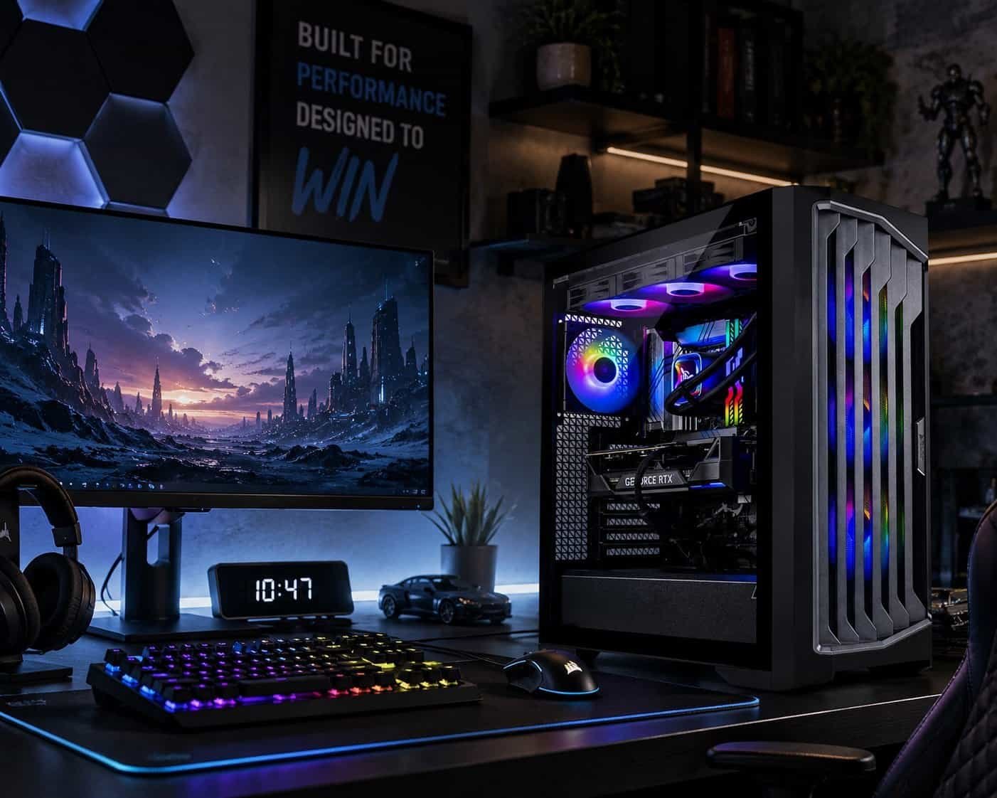 Skytech Legacy 4 gaming PC with RGB lighting on a sleek desk setup in a futuristic gaming room, with a monitor, keyboard, and enthusiast-focused performance aesthetic.
