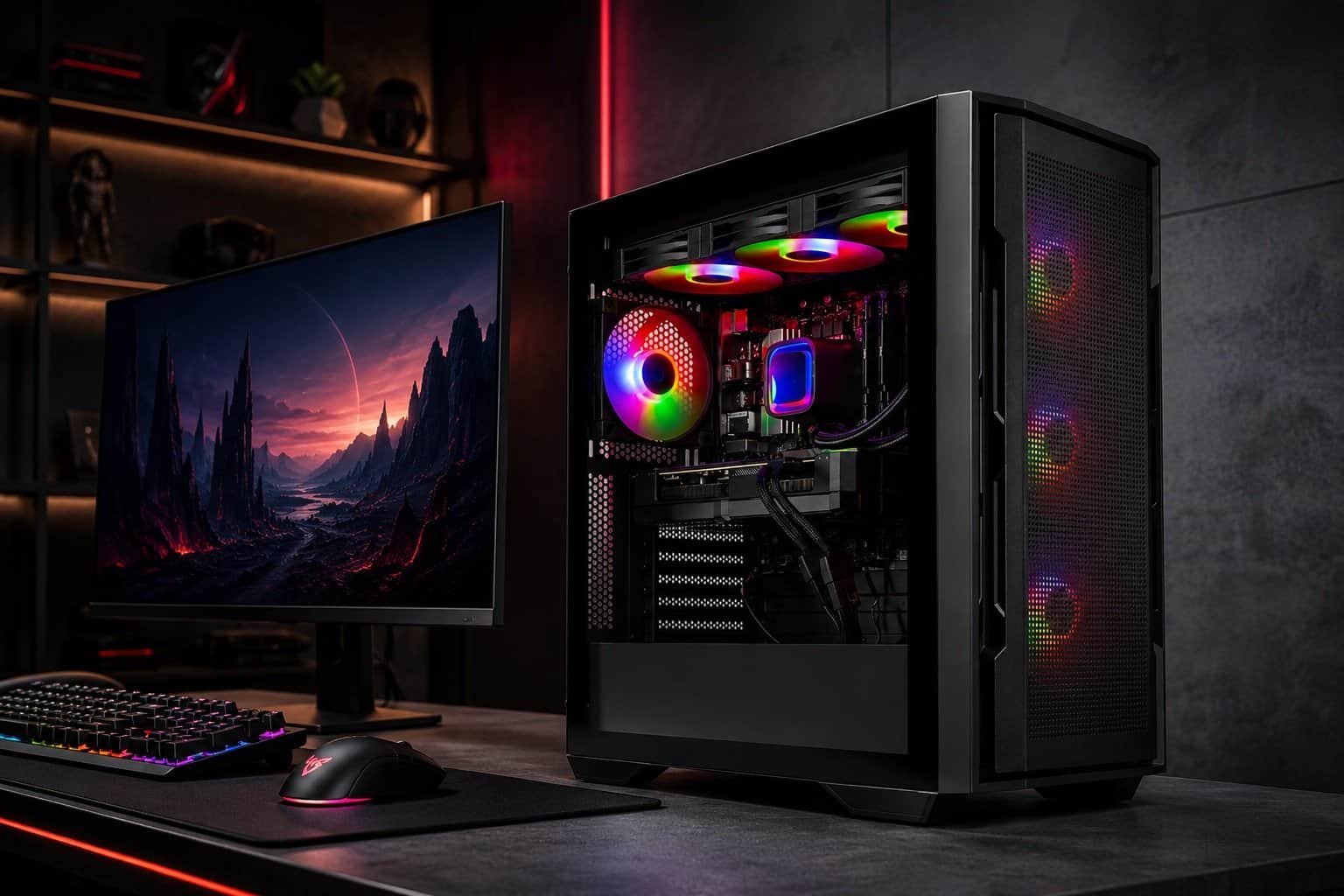 Black Skytech Rampage gaming PC with RGB lighting on a dark desk setup in a moody modern gaming room, with a monitor, keyboard, and mouse.