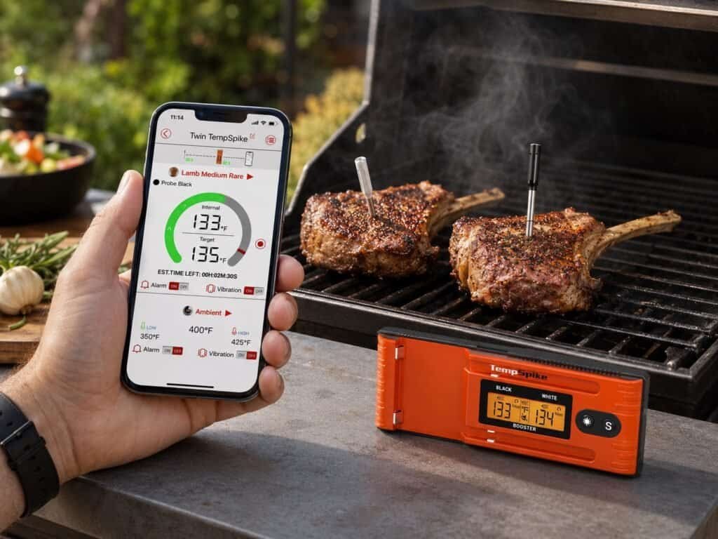 TempPro Twin TempSpike TP962 wireless meat thermometer with two probes and orange booster showing smartphone app with dual temperature readings