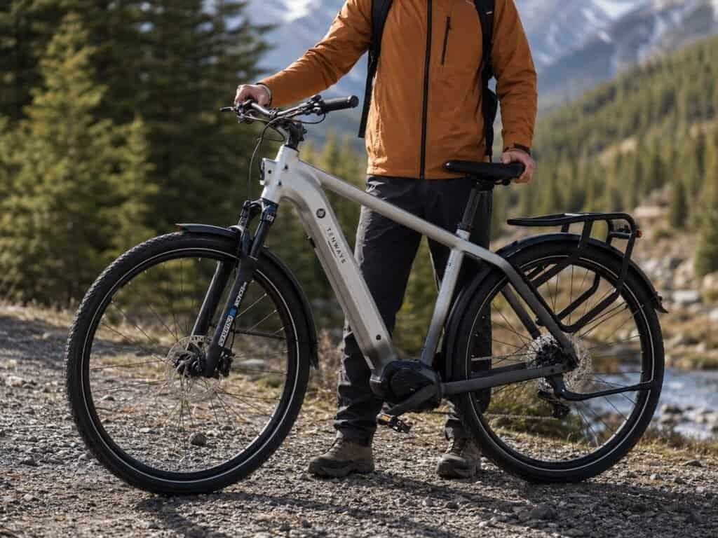 TENWAYS AGO X mid-drive e-bike in starlight silver on a mixed urban trail