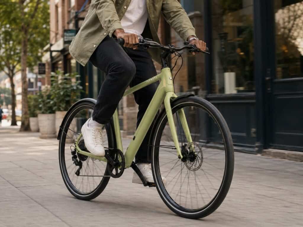 TENWAYS CGO600 Pro belt drive e-bike in avocado green on a city sidewalk