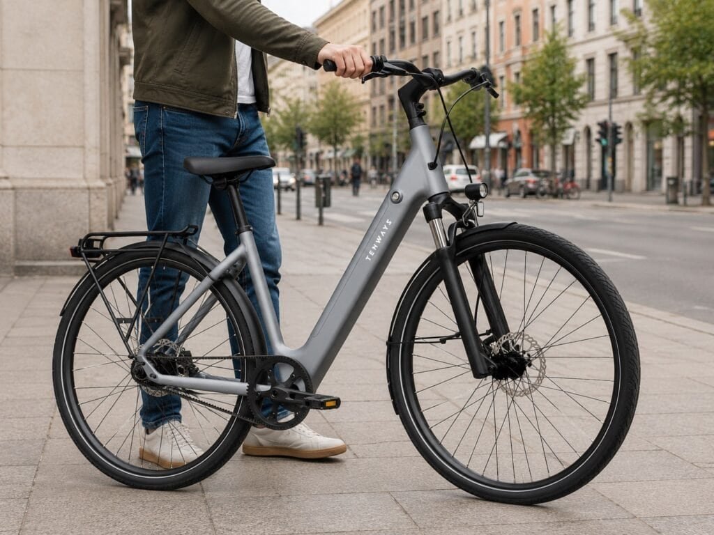 TENWAYS CGO800S step-through e-bike in sky blue with rider in work clothes