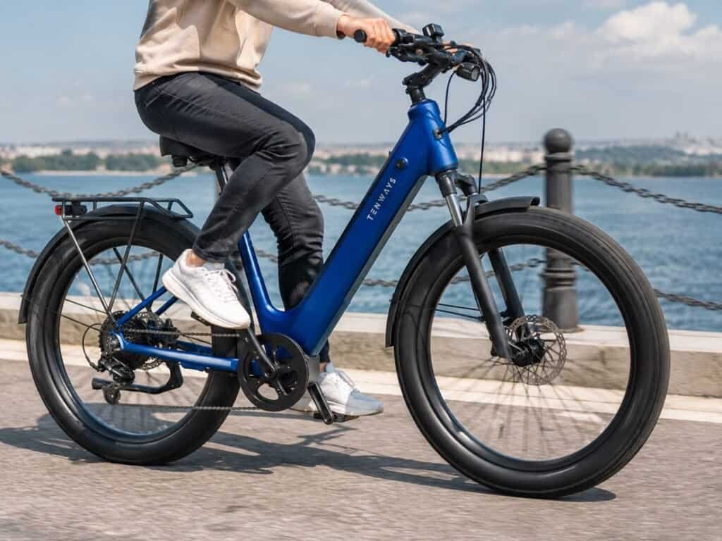 TENWAYS Wayfarer cruiser e-bike in sapphire blue on a park path with pannier bag